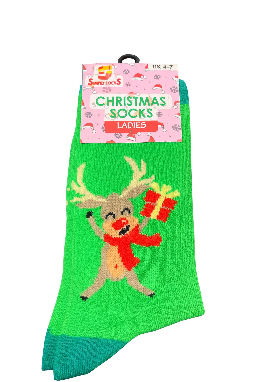 Ladies Christmas Socks Green Reindeer UK Size 4–7