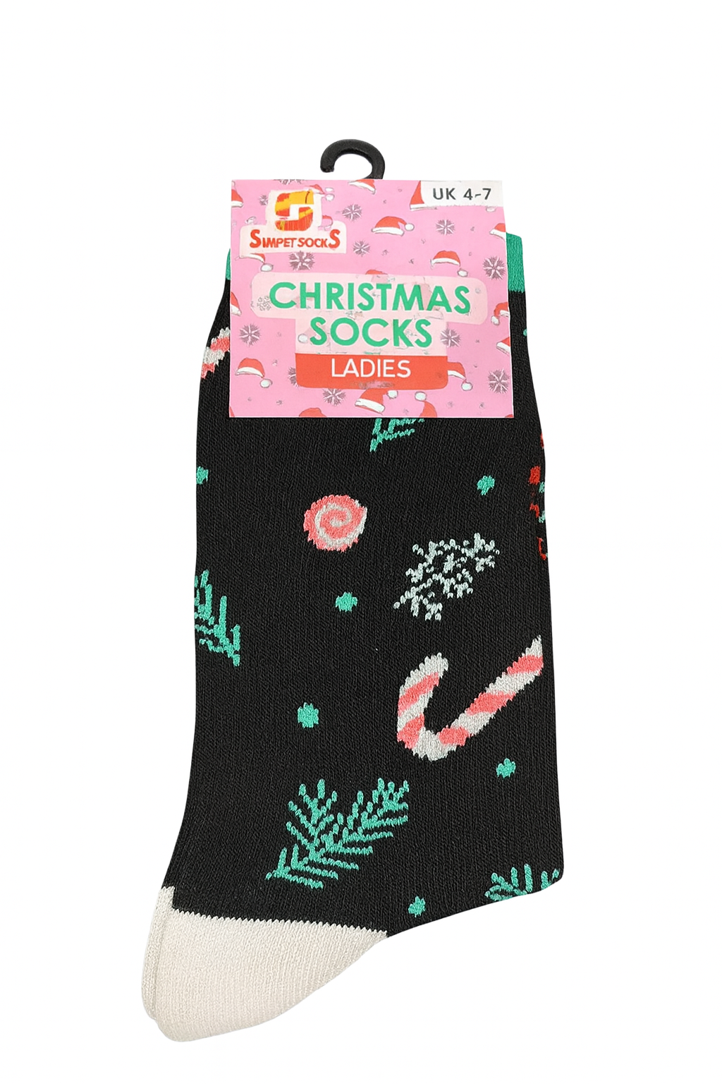 Ladies Christmas Socks Black Candy Cane Winter Design UK Size 4-7