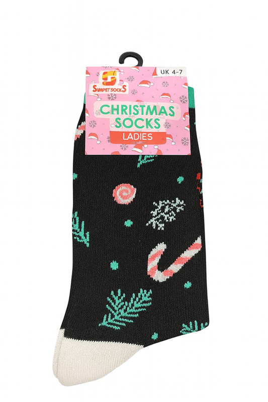 Ladies Christmas Socks Black Candy Cane Winter Design UK Size 4-7