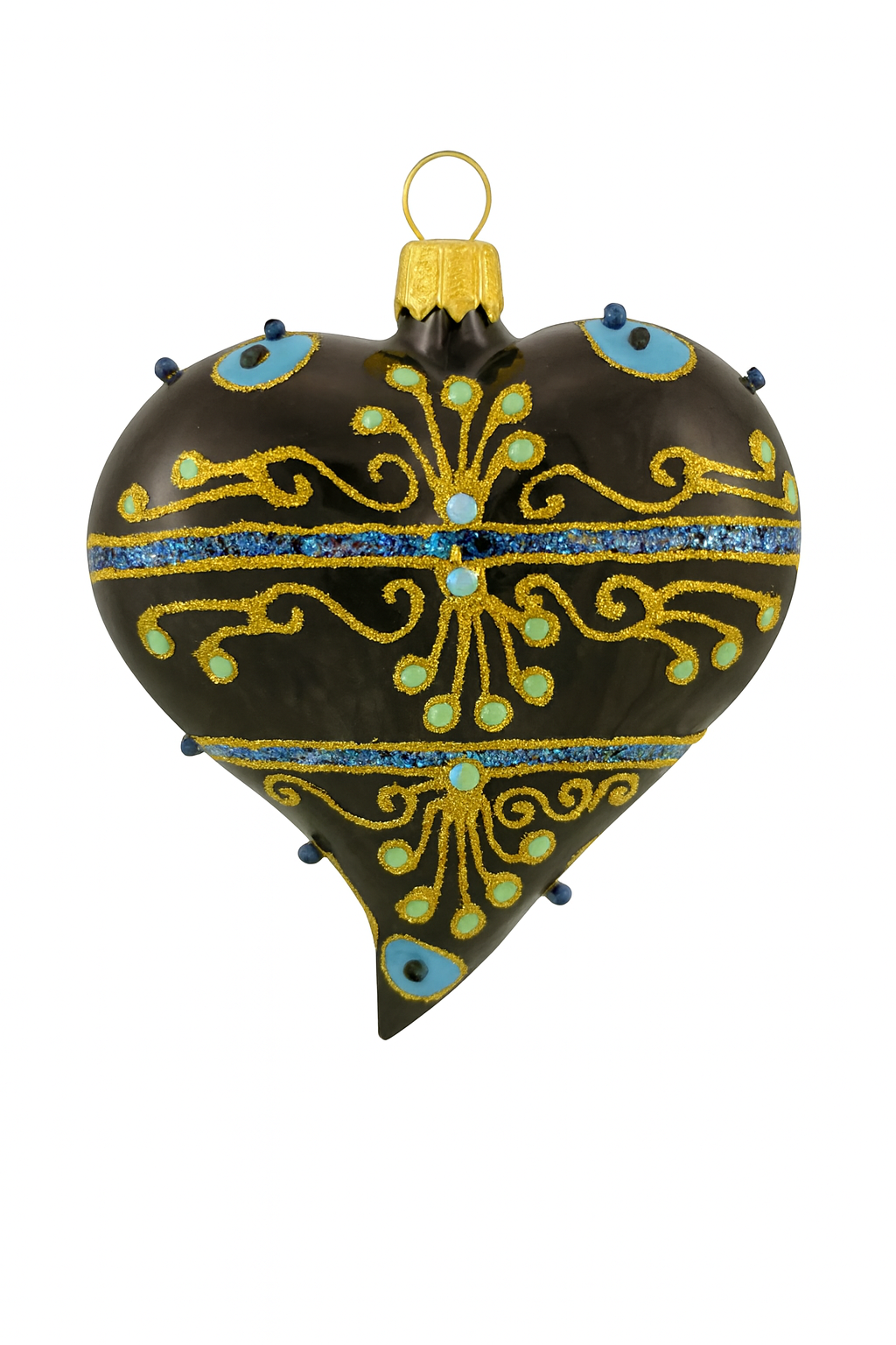 Navy Blue Heart Christmas Ornament With Gold Swirls