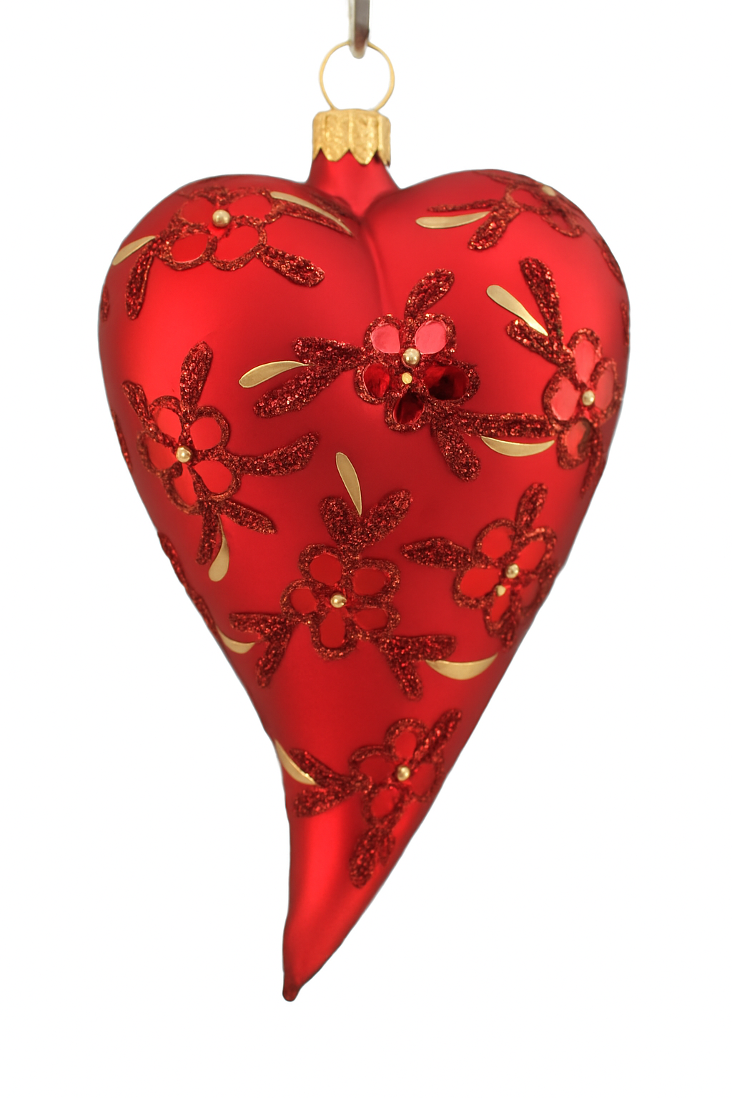 Red Matt Glass Heart Christmas Ornament With Flower Design 12 cm (5”)