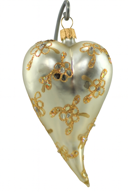 Silver Matt Glass Heart Christmas Ornament With Flower Design 12 cm (5”)
