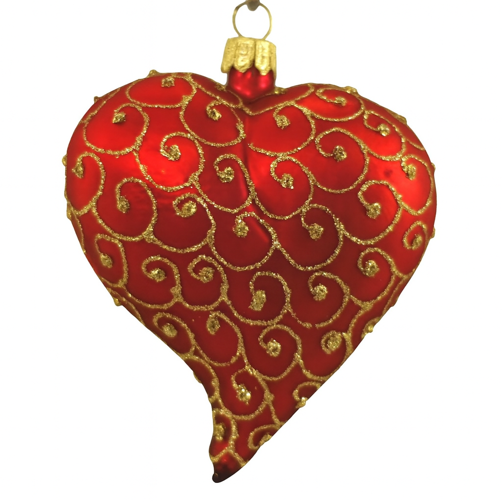 Red Matt Heart Christmas Ornament With Gold Swirls