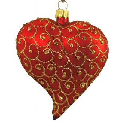 Red Matt Heart Christmas Ornament With Gold Swirls