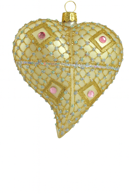 Gold & Cream Glass Heart Christmas Ornament with Gemstone Detailing