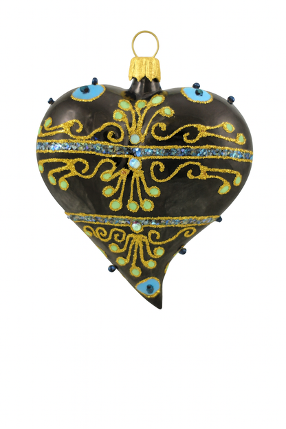 Navy Blue Heart Christmas Ornament With Gold Swirls