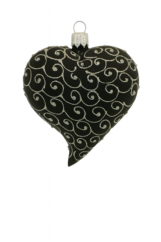 Black Matt Glass Heart Christmas Ornament With White Swirls