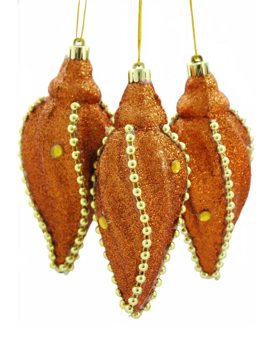 Set of 3 Large Christmas Icicle Baubles – Copper Gold Glitter With Beaded Chain And Crystals