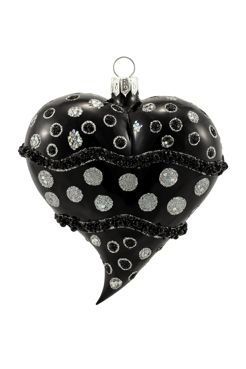 Glass Black Matte Heart Christmas Ornament with Silver Glitter Dott