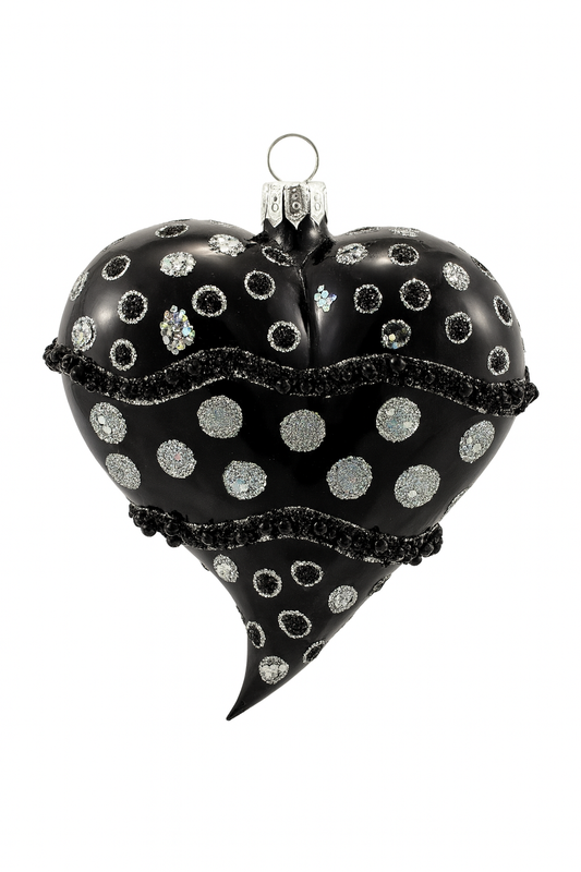 Glass Black Matte Heart Christmas Ornament with Silver Glitter Dott