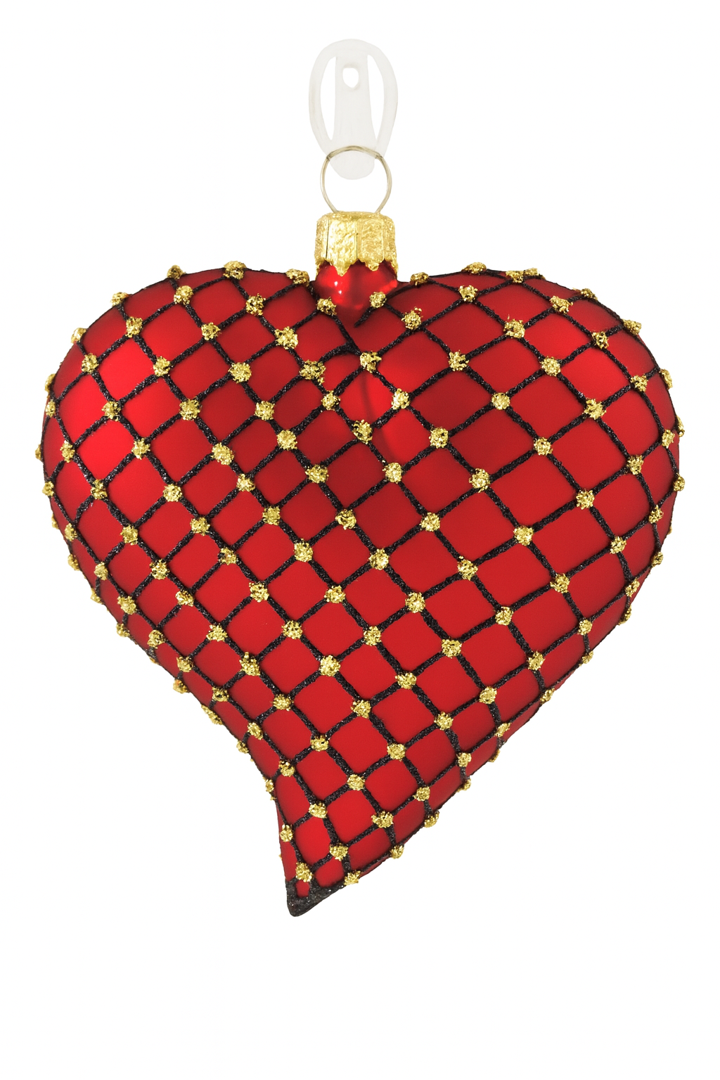 Red Matt Heart Christmas Ornament With Black & Gold Glitter Net