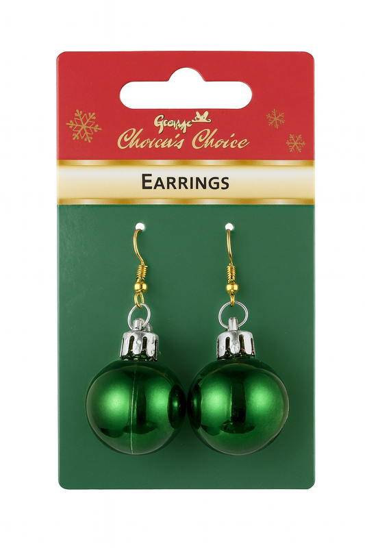 Green Christmas Bauble Drop Earrings 6cm. Festive Holiday Accessory.