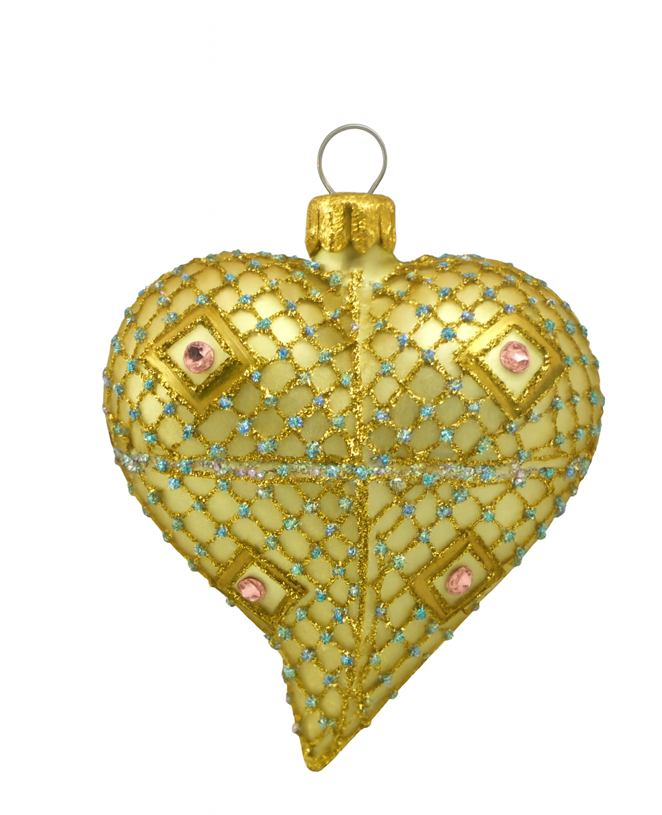 Gold & Cream Glass Heart Christmas Ornament with Gemstone Detailing