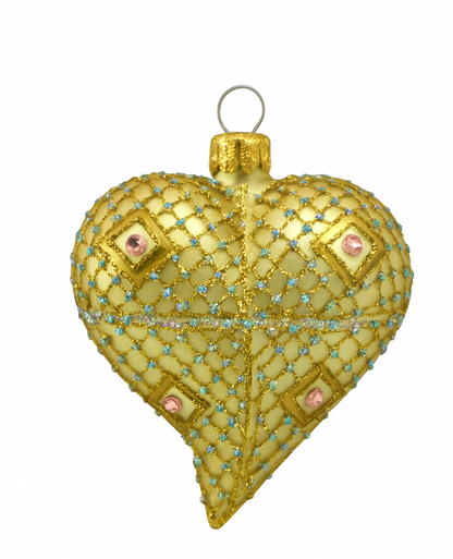 Gold & Cream Glass Heart Christmas Ornament with Gemstone Detailing