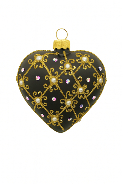Black Matte Christmas Heart Bauble with Swarovski Crystals – 11cm (4”)