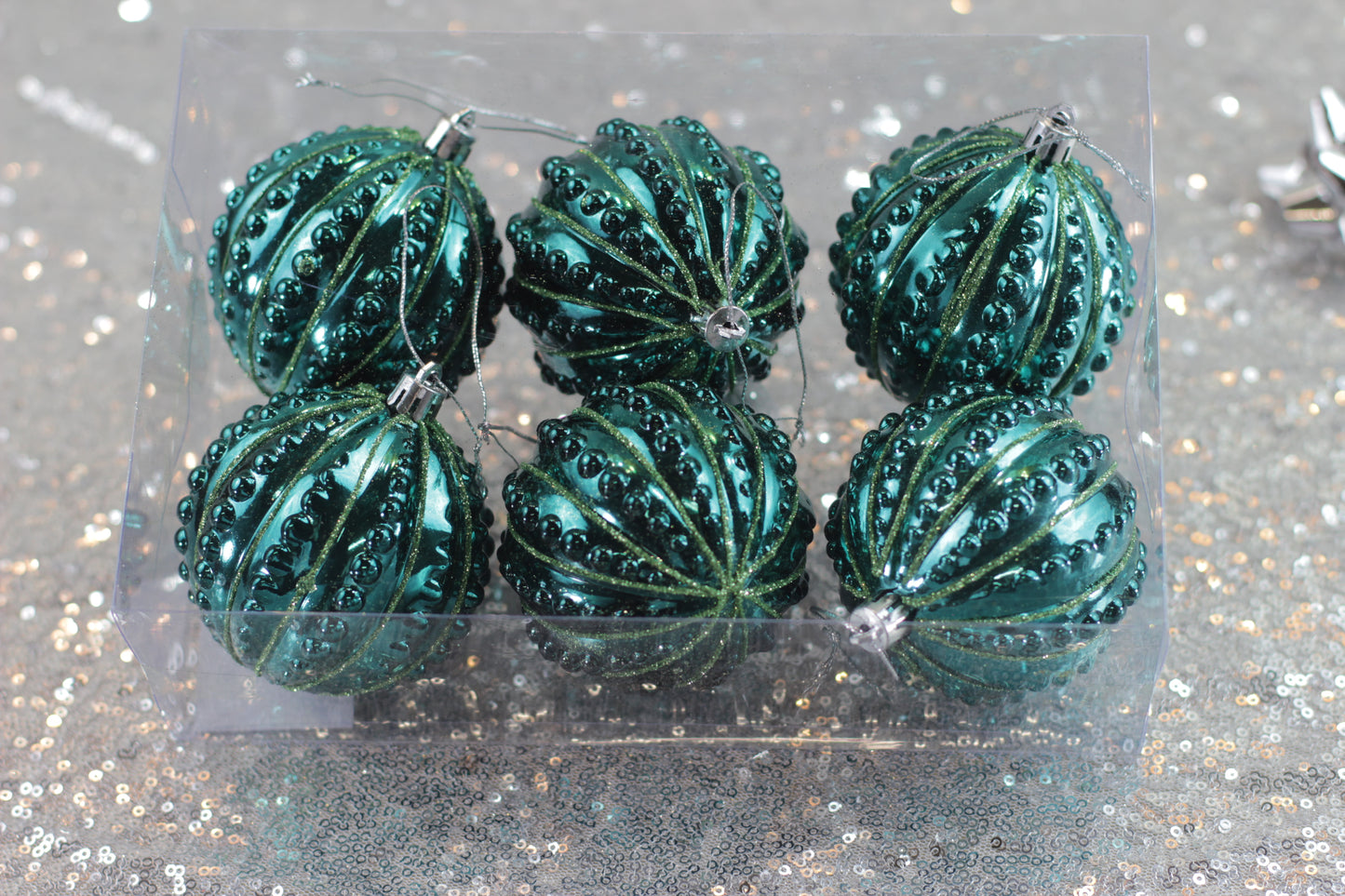 Set of 6 Peacock Green Christmas Baubles