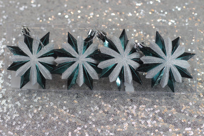 Shiny Green and White Glitter Star Christmas Ornaments