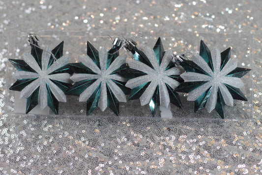 Shiny Green and White Glitter Star Christmas Ornaments