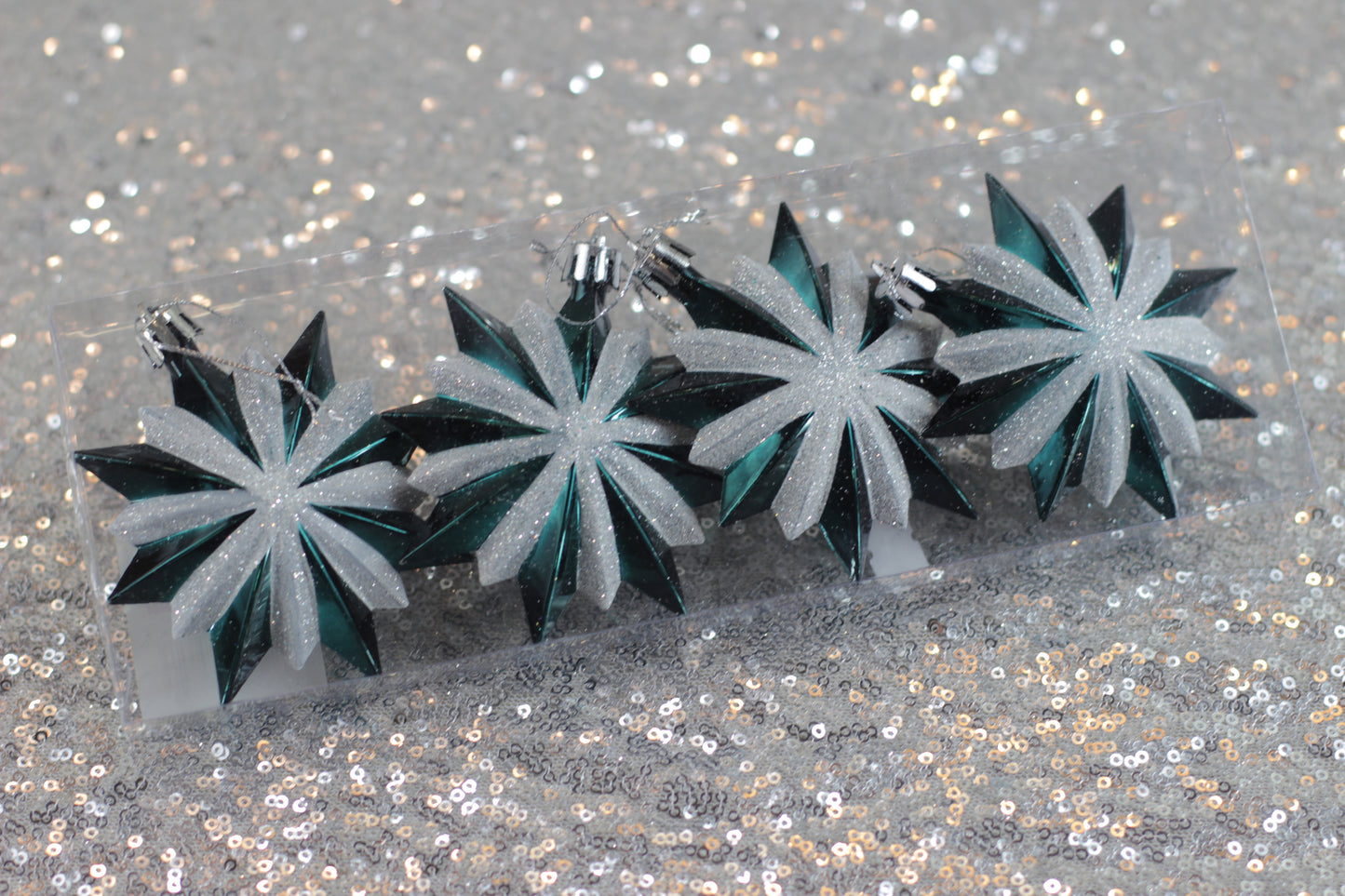 Shiny Green and White Glitter Star Christmas Ornaments