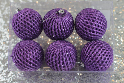Set of 6 Light Purple Foam Net Glitter Baubles