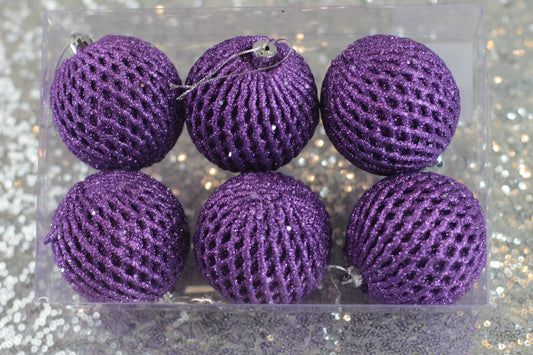 Set of 6 Light Purple Foam Net Glitter Baubles