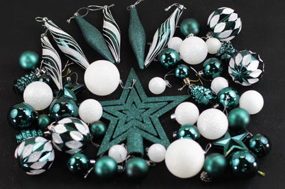Set of 49 White & Green Christmas Baubles