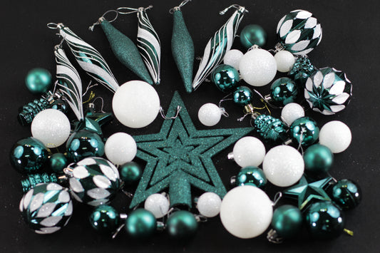Set of 49 White & Green Christmas Baubles