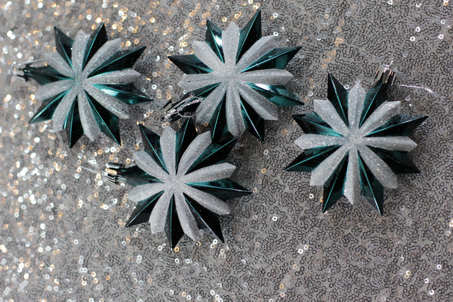 Shiny Green and White Glitter Star Christmas Ornaments