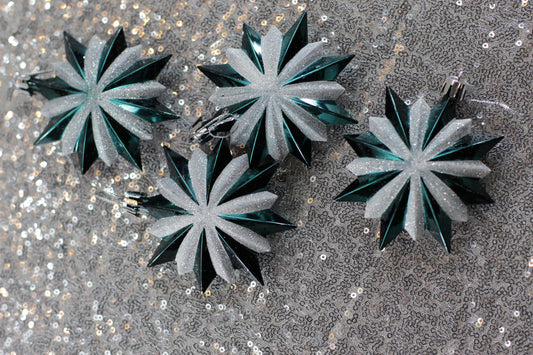 Shiny Green and White Glitter Star Christmas Ornaments