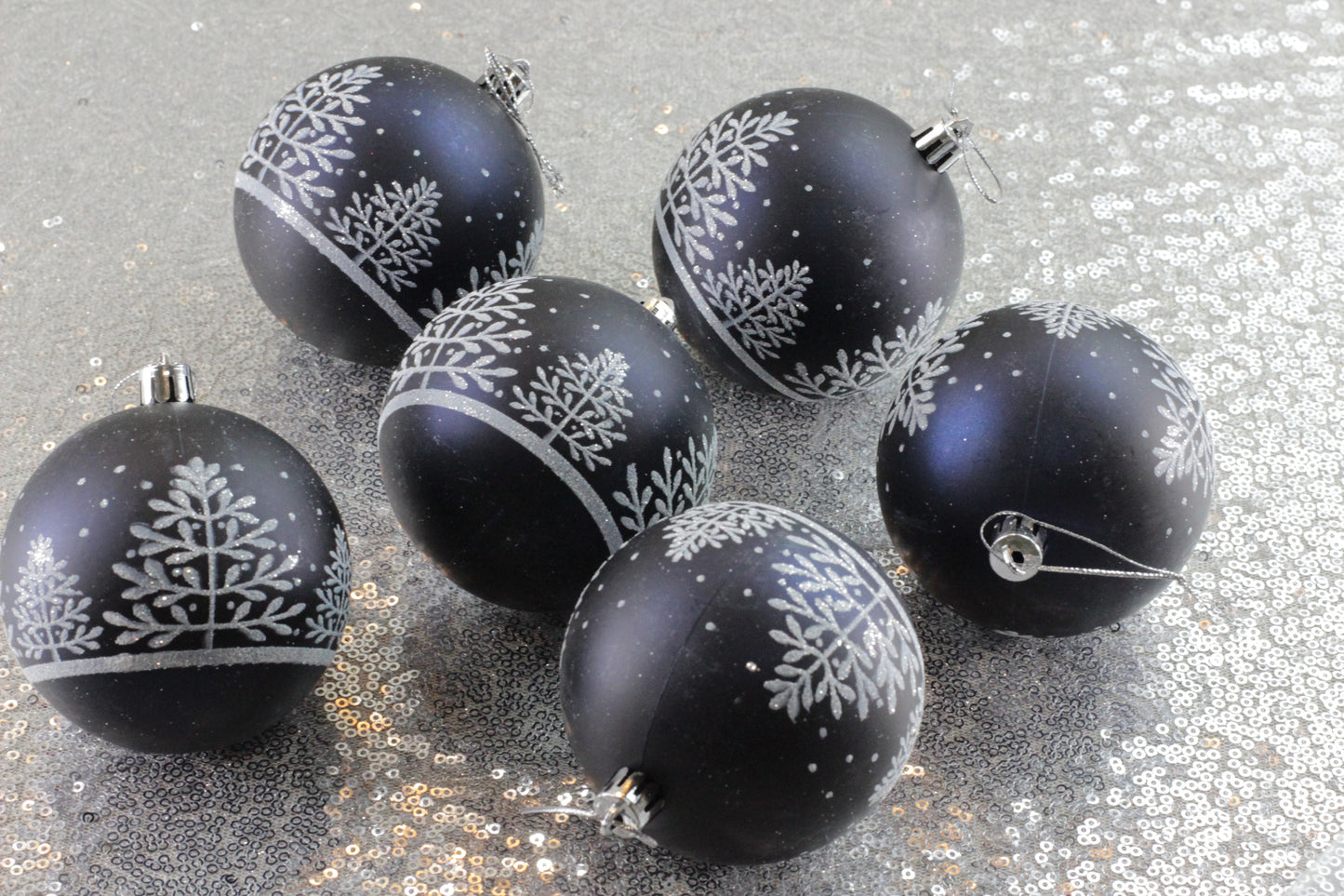 Set of 6 Dark Blue Matt Christmas Baubles with White Tree Print