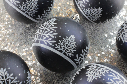 Set of 6 Dark Blue Matt Christmas Baubles with White Tree Print