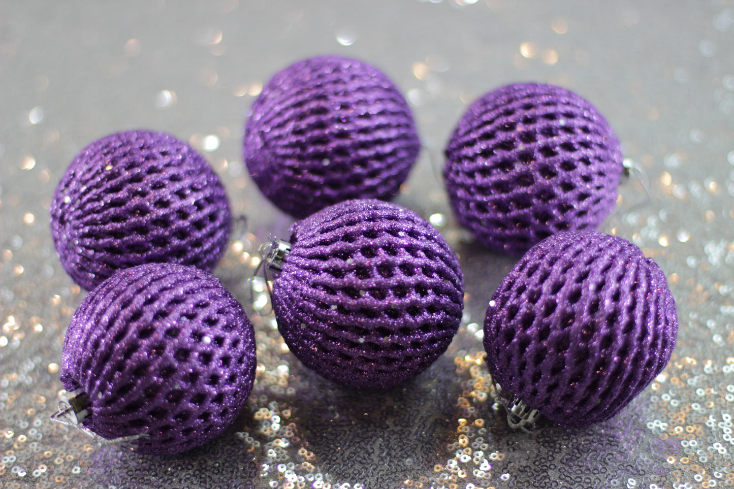Set of 6 Light Purple Foam Net Glitter Baubles