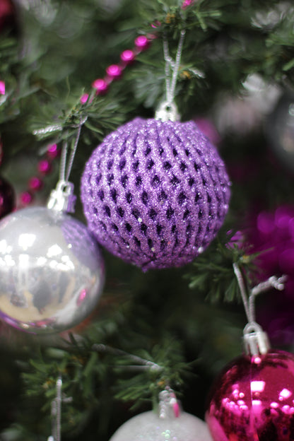 Set of 6 Light Purple Foam Net Glitter Baubles