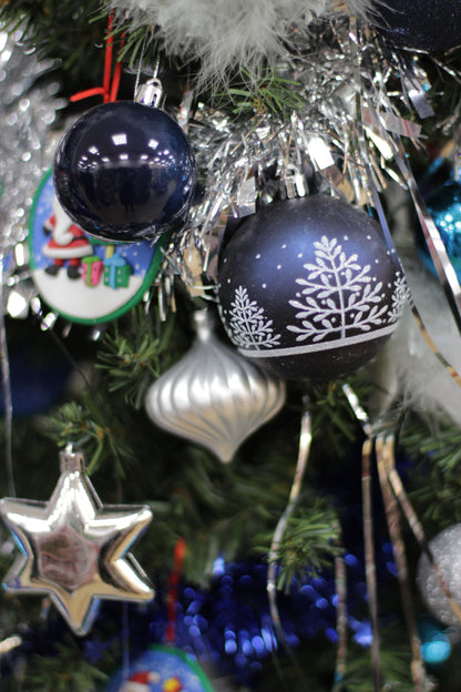 Set of 6 Dark Blue Matt Christmas Baubles with White Tree Print
