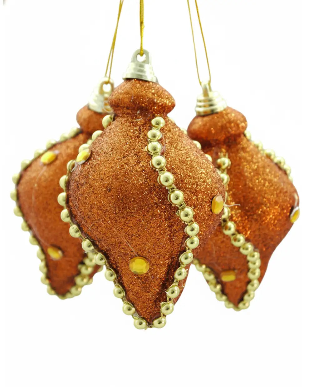 Set of 3 Christmas Icicle Baubles – Copper Gold Glitter With Beaded Chain And Crystals
