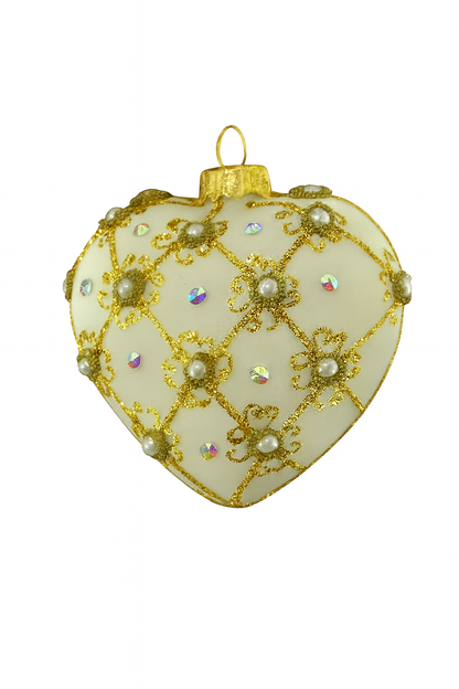 White Matte and Gold Luxury Heart Christmas Bauble with Swarovski Crystals