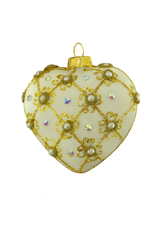 White Matte and Gold Luxury Heart Christmas Bauble with Swarovski Crystals