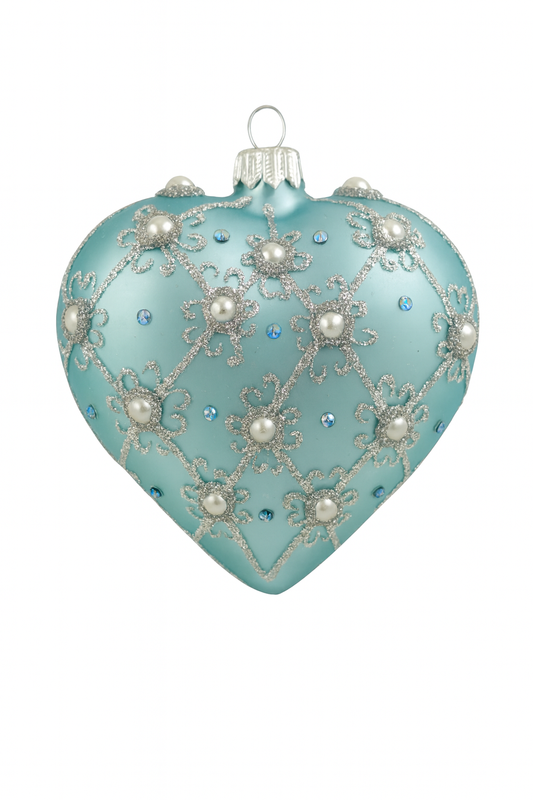 Blue Frost Luxury Glass Heart Christmas Bauble with Swarovski Crystals