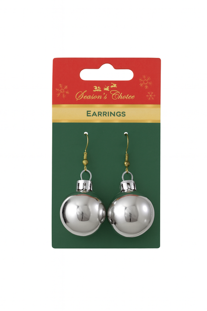 Silver Christmas Bauble Drop Earrings 6cm. Festive Holiday Accessory.