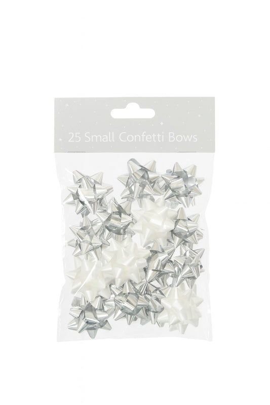 25 Small Confetti Bows Silver and White