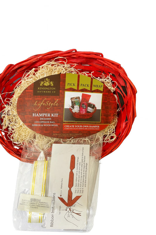 Red Gift Hamper Kit Includes Basket, Cellophane Bag, Ribbon & Wood Wool
