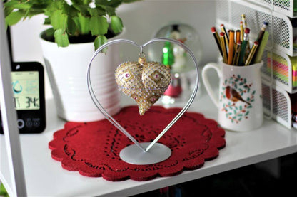 Gold & Cream Glass Heart Christmas Ornament with Gemstone Detailing