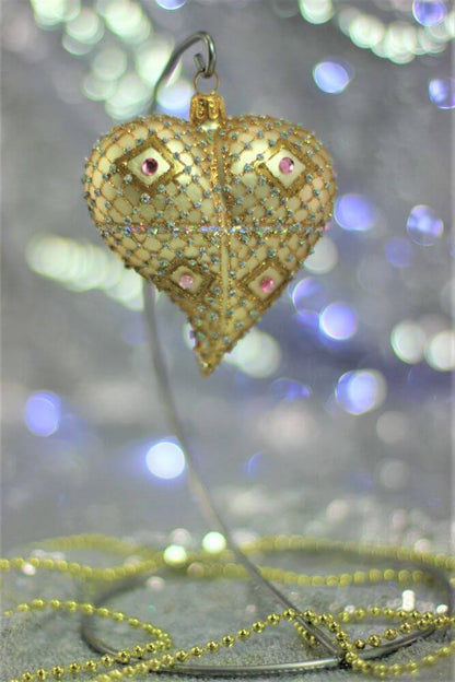 Gold & Cream Glass Heart Christmas Ornament with Gemstone Detailing