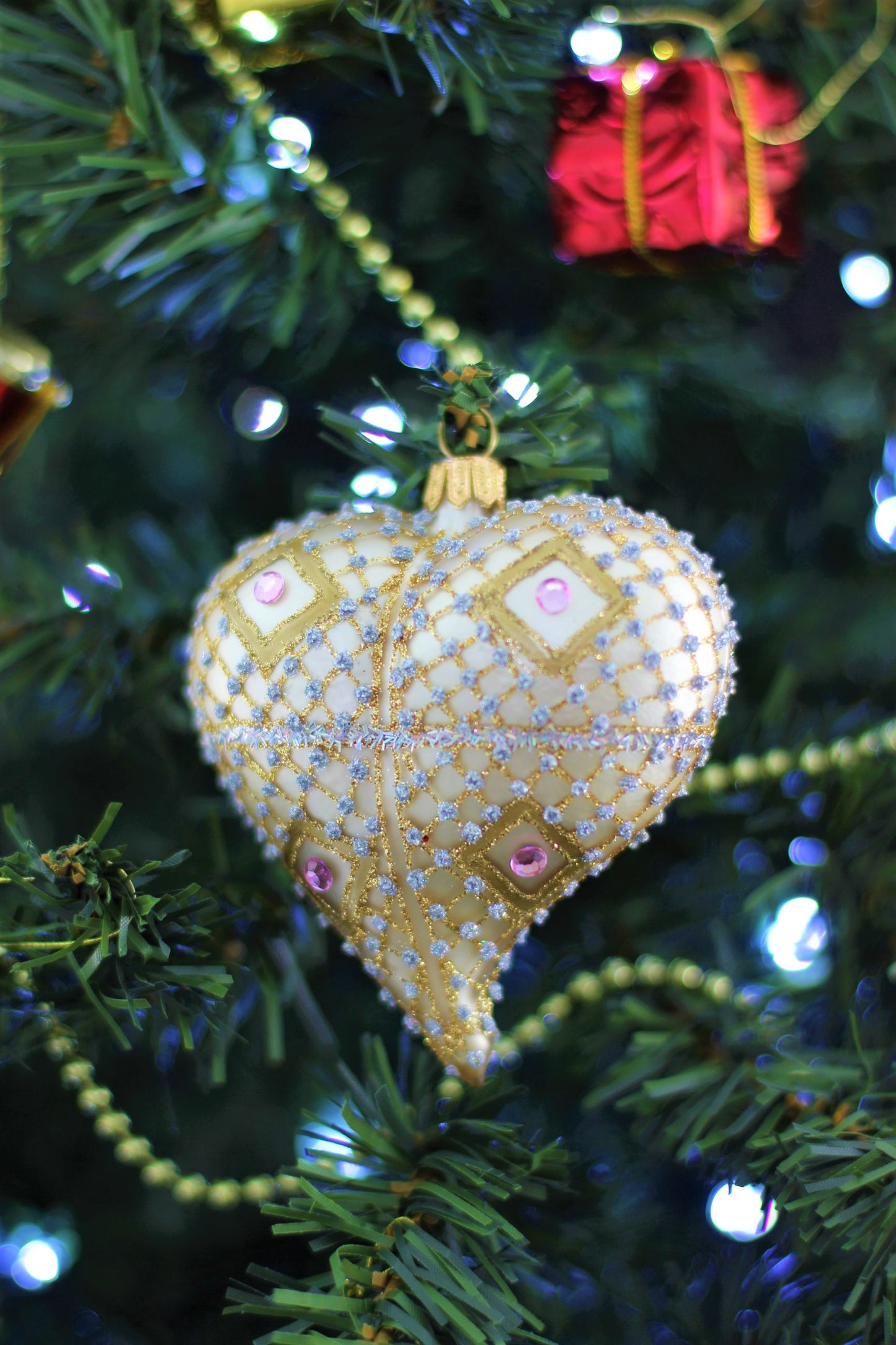Gold & Cream Glass Heart Christmas Ornament with Gemstone Detailing