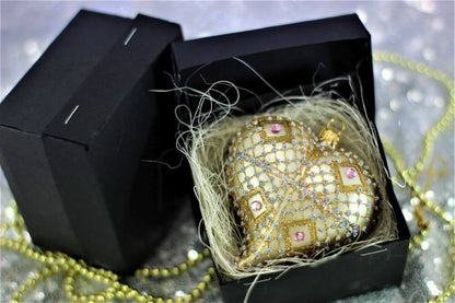 Gold & Cream Glass Heart Christmas Ornament with Gemstone Detailing