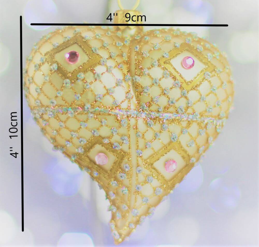 Gold & Cream Glass Heart Christmas Ornament with Gemstone Detailing