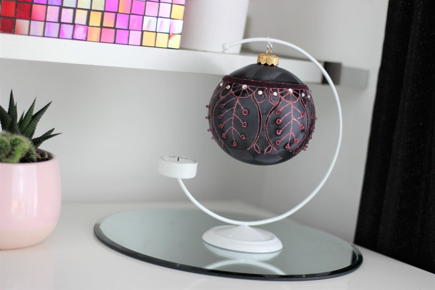 Large Black Matte Christmas Bauble with Pink Swirl Design