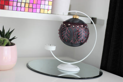 Large Black Matte Christmas Bauble with Pink Swirl Design