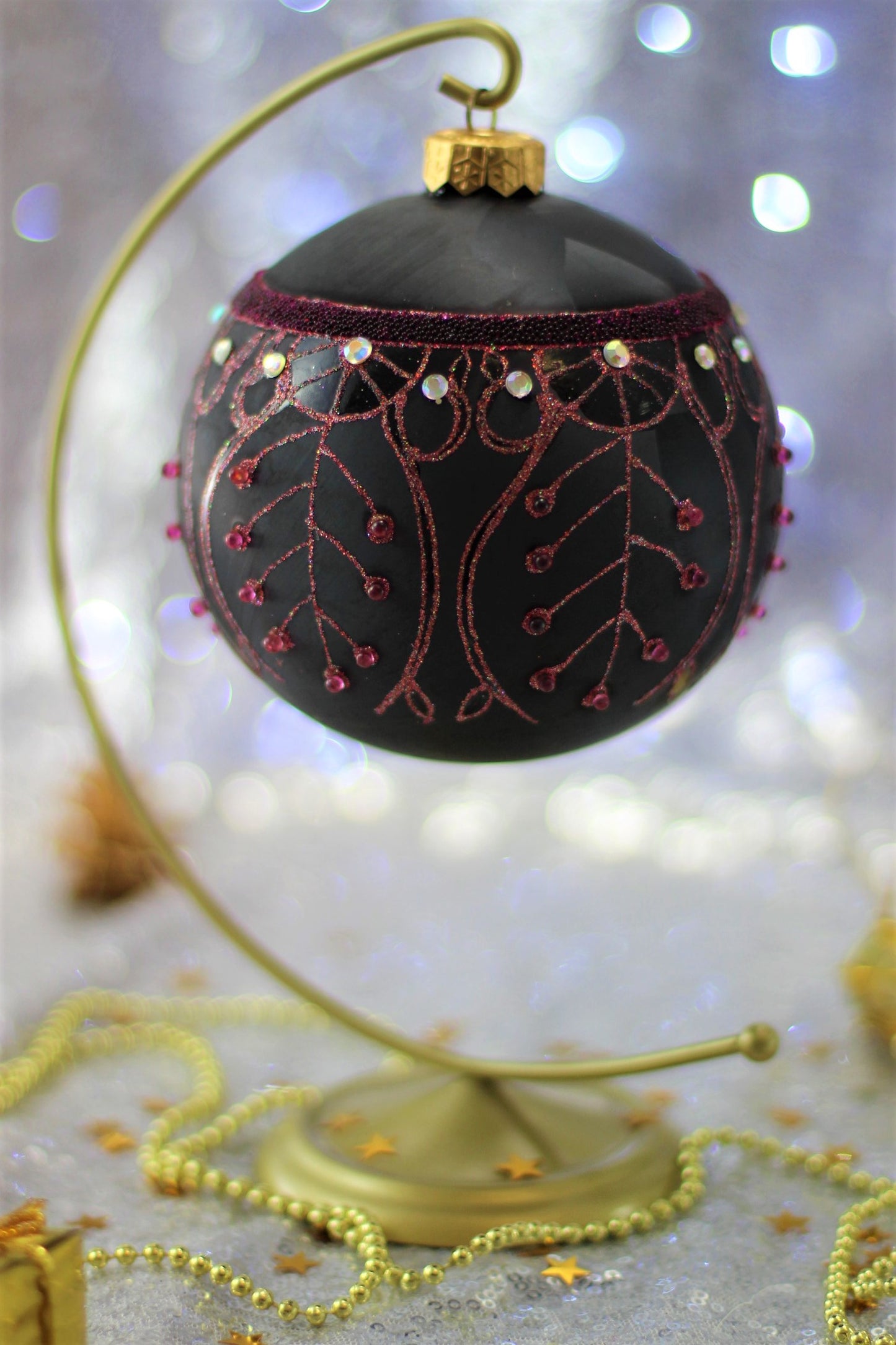 Large Black Matte Christmas Bauble with Pink Swirl Design