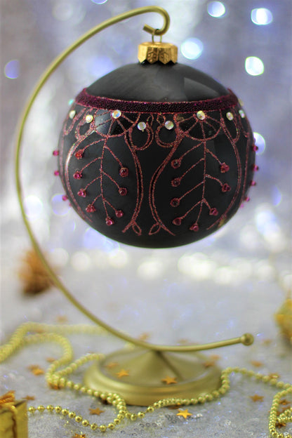 Large Black Matte Christmas Bauble with Pink Swirl Design